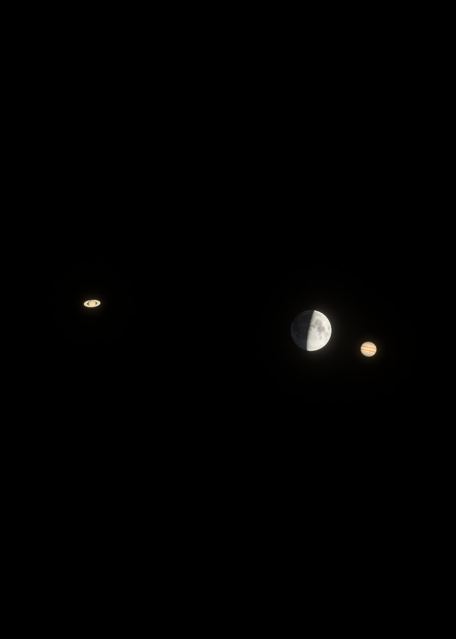 The layer of the Moon and the planets alone: Saturn with its rings, the half-lit Moon and Jupiter.