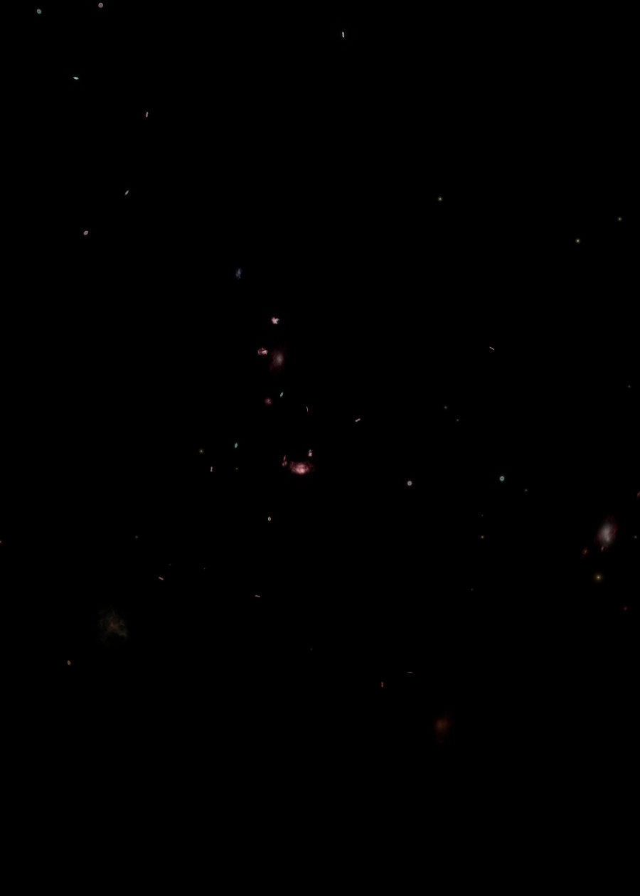 The deep-sky layer alone: small pink and pale nebulae and clusters scattered on black.