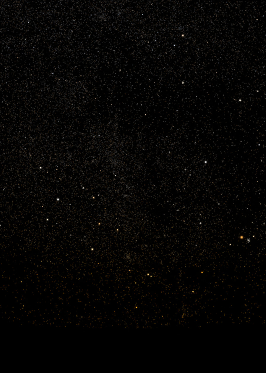 The star layer alone: thousands of catalogue stars, a few bright ones in orange and blue-white.