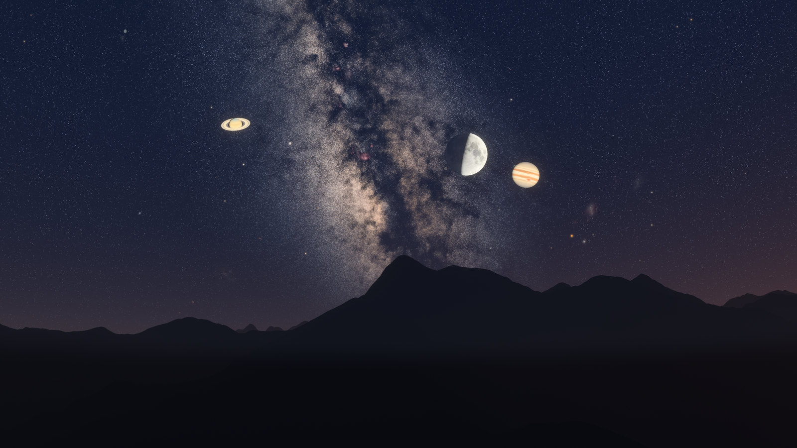 The night sky over the Hohe Tauern, seen from the Edelweißspitze: the Milky Way rises from a ridge, with Saturn to its left and the half-lit Moon and Jupiter to its right.