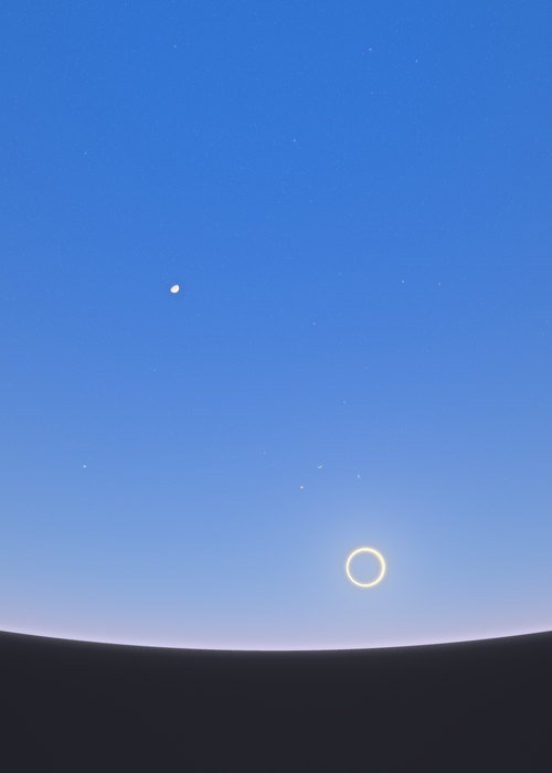 The Sun as a thin ring around the dark Moon, low in the west-south-west over Faro, with Mercury and Mars above it and Venus higher.