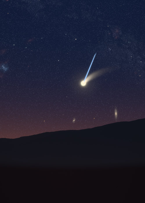 Comet Hale-Bopp with its tail in the north-western evening sky over the hills of Zakopane.