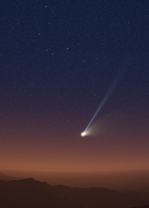 Comet NEOWISE low in the north-western sky over the Pyrenees, beneath the bowl of the Plough.