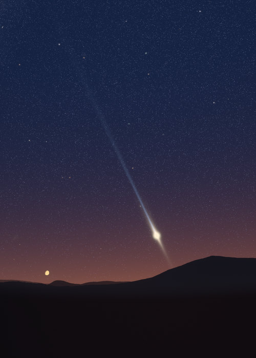 Comet Tsuchinshan-ATLAS with its long tail low in the west over the sea at Split, Venus setting to its left.