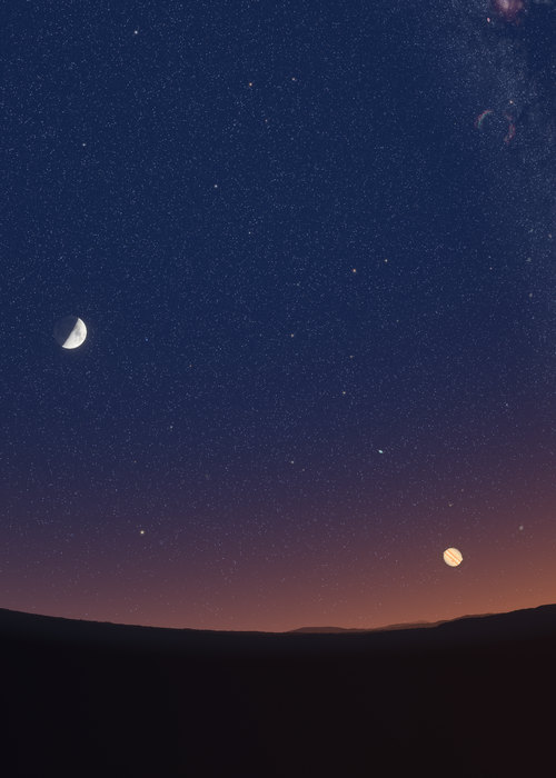Jupiter, drawn enlarged in front of Saturn, low over Vienna in the evening twilight, the half-lit Moon higher up to the left.
