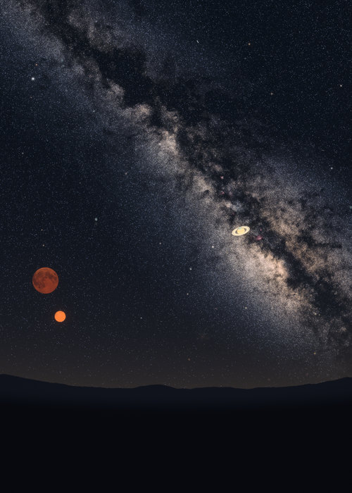 The red, eclipsed Moon low in the south-east over Rome with Mars just below it, Saturn and the Milky Way further south.