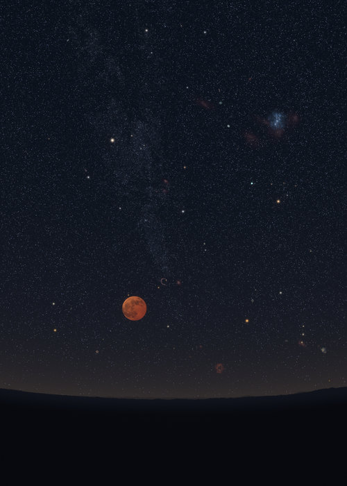 The red, eclipsed Moon low in the east-north-east over Vienna in the early night.