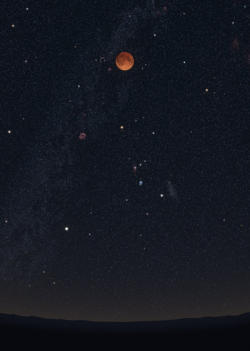 The red, eclipsed Moon high in the south over Warsaw, above Orion and the winter stars.