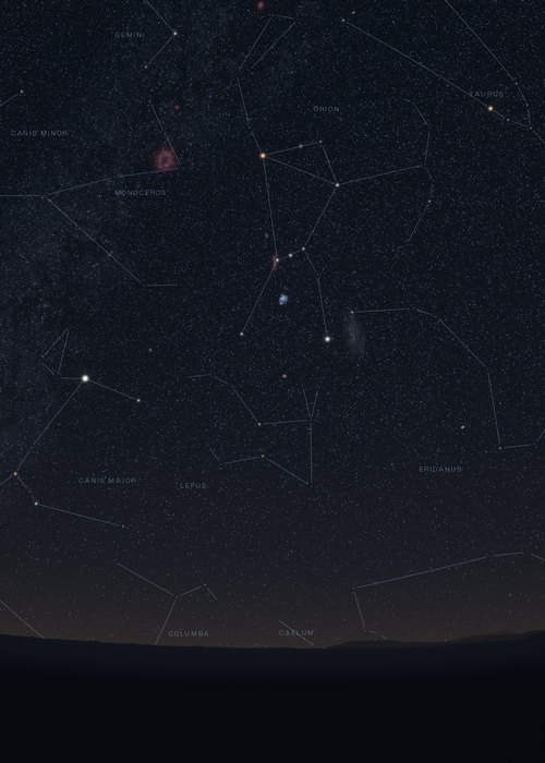 Orion high in the south over Vienna with Sirius below it, the constellations drawn in, at midnight on 1 January 2000.