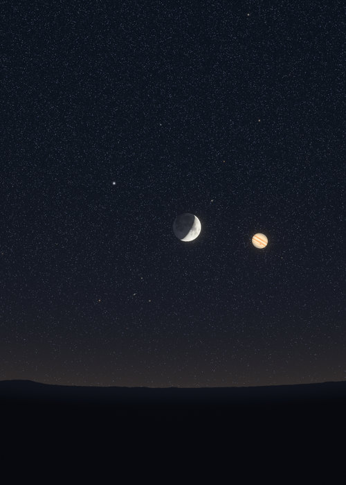 The Moon, a third lit, low in the west-south-west over Houston, with Jupiter beside it.