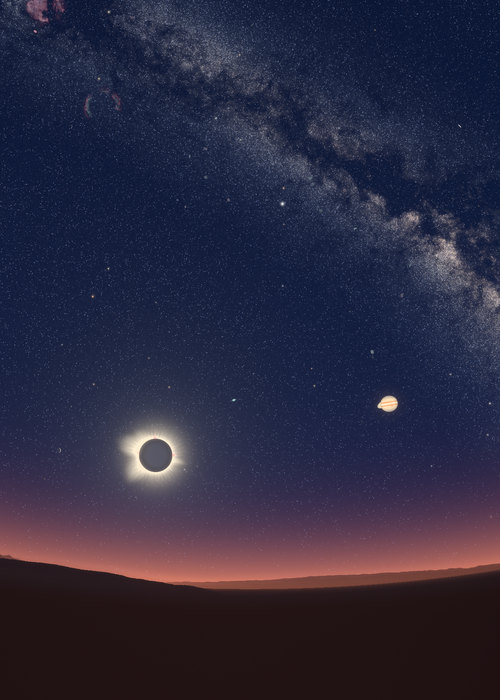 The eclipsed Sun in the south-east over Split in the morning, Mercury to its left, and Jupiter, drawn enlarged in front of Saturn, higher to the right.