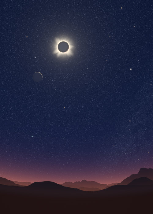 The eclipsed Sun high over the mountains south of Salzburg, with Venus below it to the left and Mercury to its right in the darkened sky.