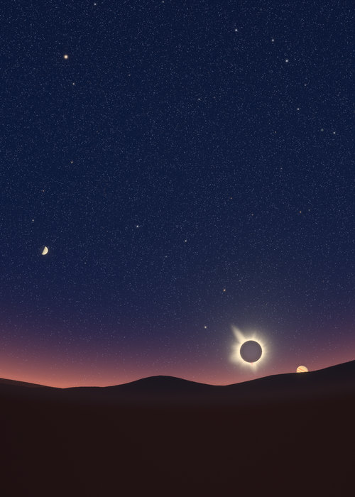 The eclipsed Sun low in the west over the hills around Burgos, Venus higher to its left.