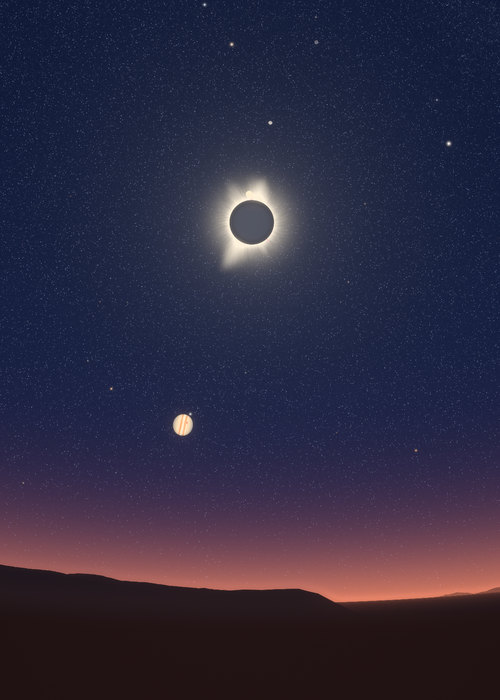 The eclipsed Sun in the morning sky over the Strait of Gibraltar, with Venus beside it, Mercury above and Jupiter below.