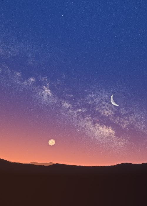 Venus in front of Jupiter, both drawn enlarged, low in the south-east over Rome at dawn, a thin Moon higher to the right.